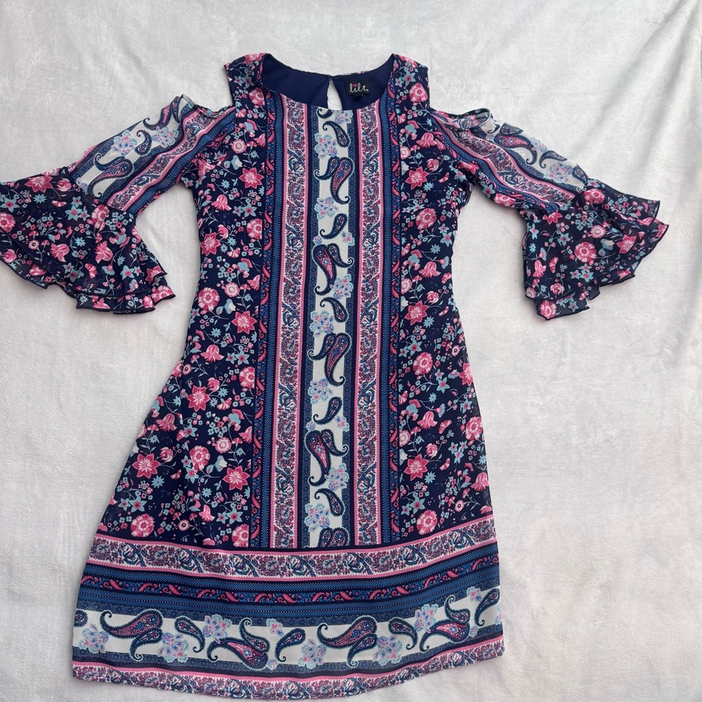 Lilt Navy and Pink Floral Paisley Long Sleeve Dress